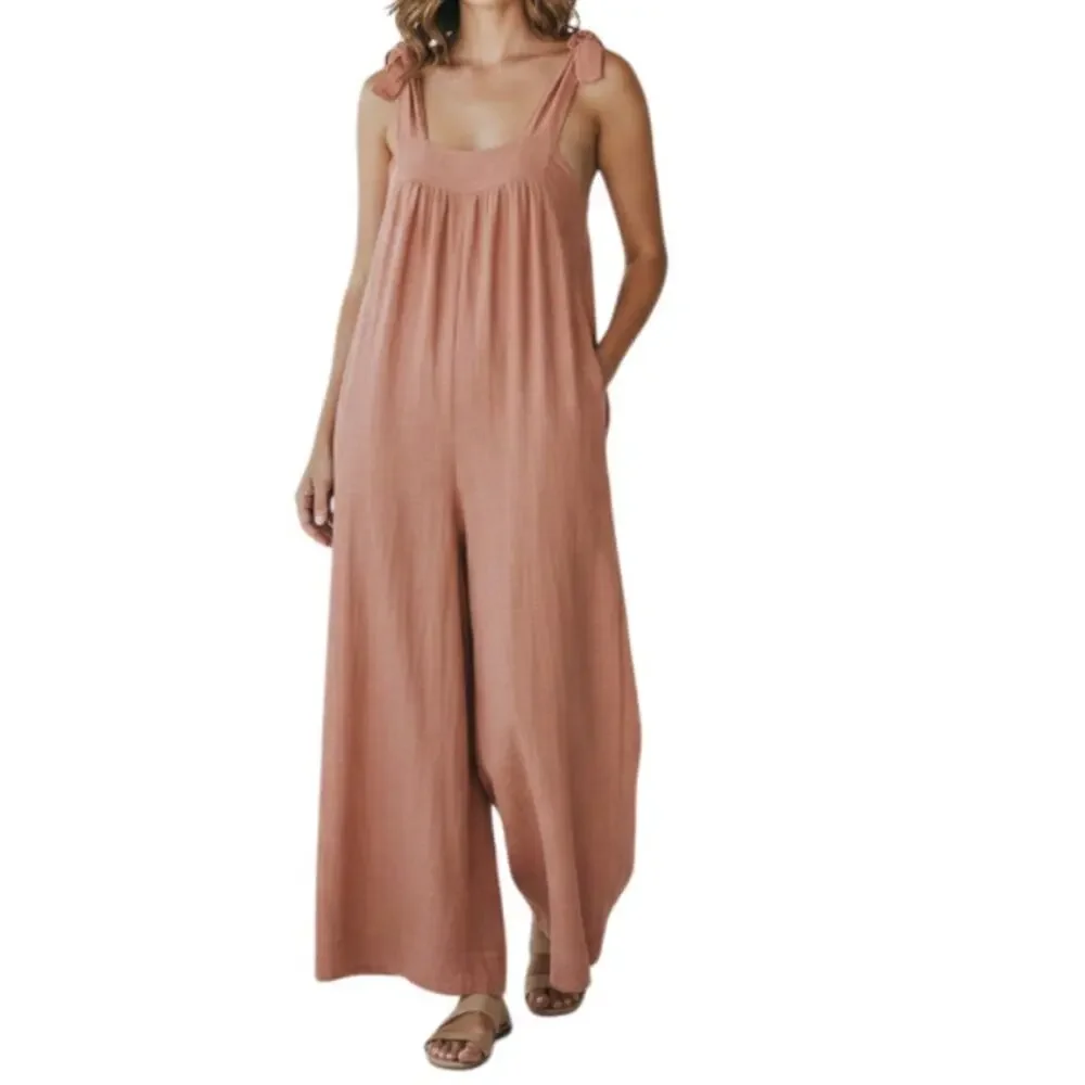 FREE PEOPLE Oversize Tie Strap Wide Leg Overall Jumpsuit Sz XS Coastal Boho NWT